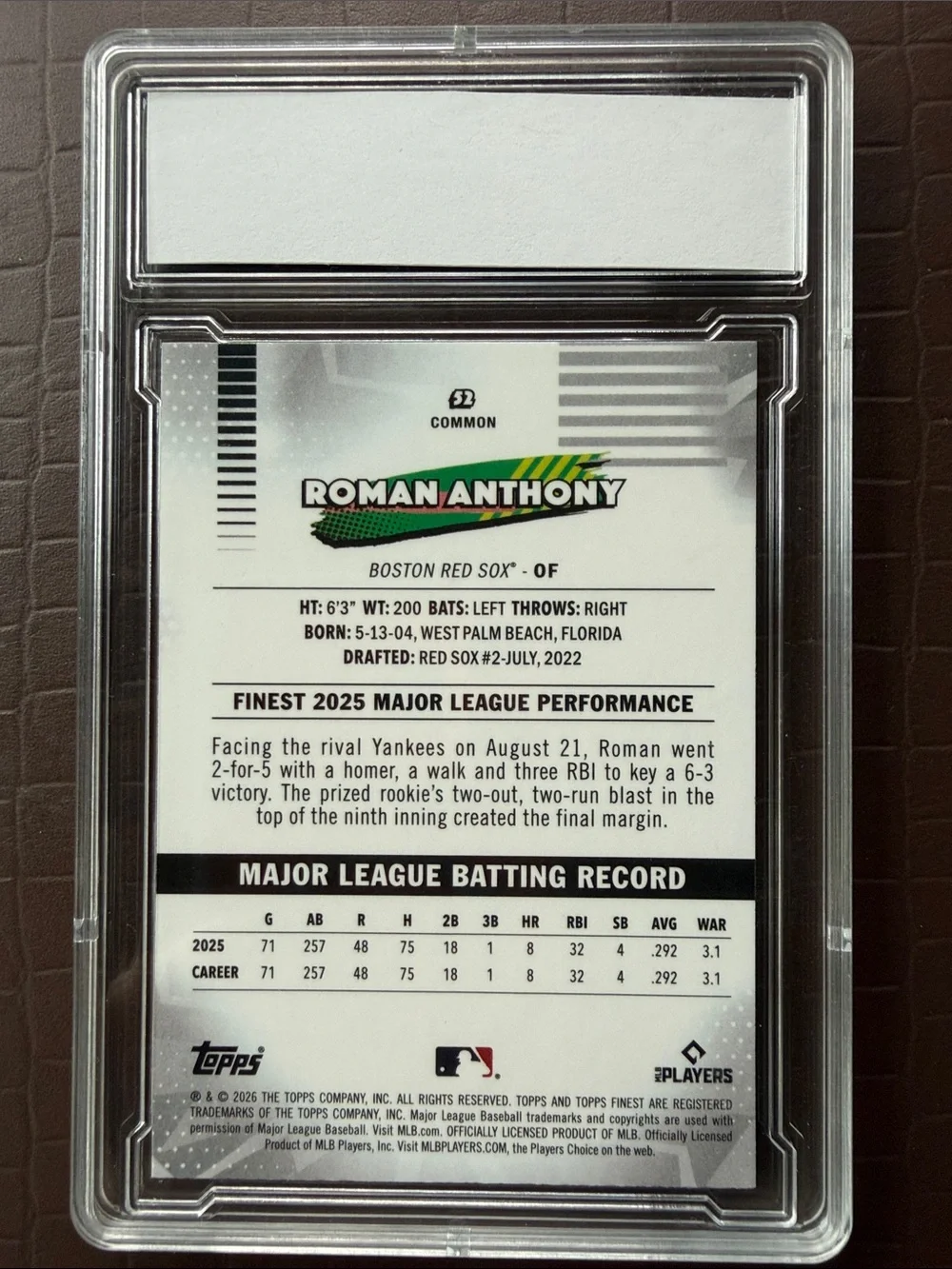 Roman Anthony Rookie Baseball Card - Topps Finest